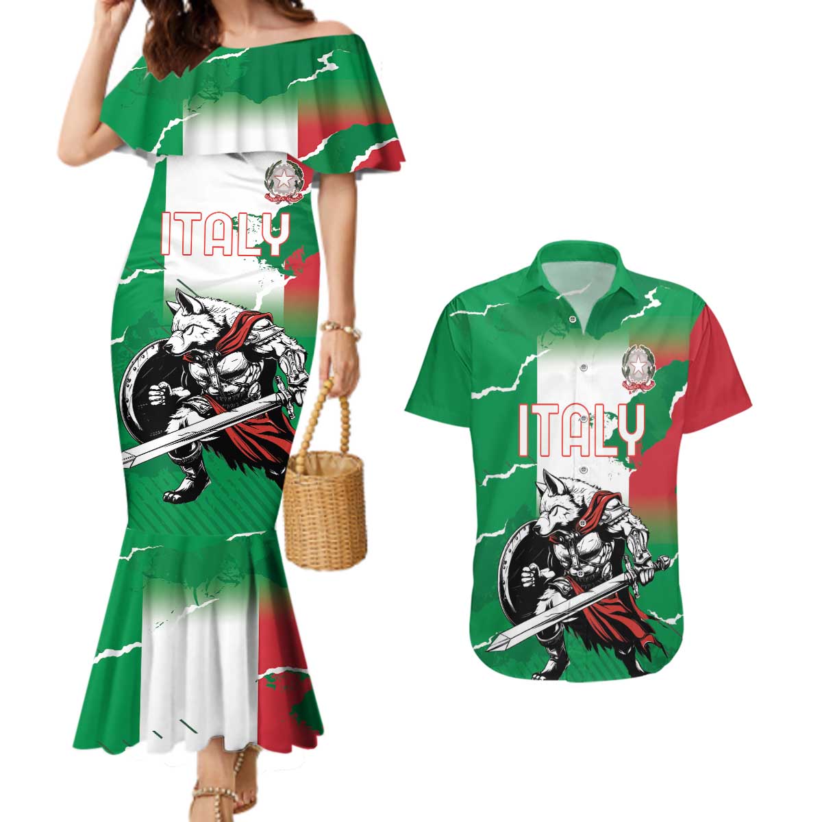 Personalized Italy Couples Matching Mermaid Dress and Hawaiian Shirt Wolf Warrior Grunge Style