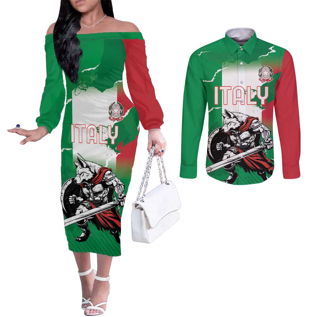 Personalized Italy Couples Matching Off The Shoulder Long Sleeve Dress and Long Sleeve Button Shirt Wolf Warrior Grunge Style