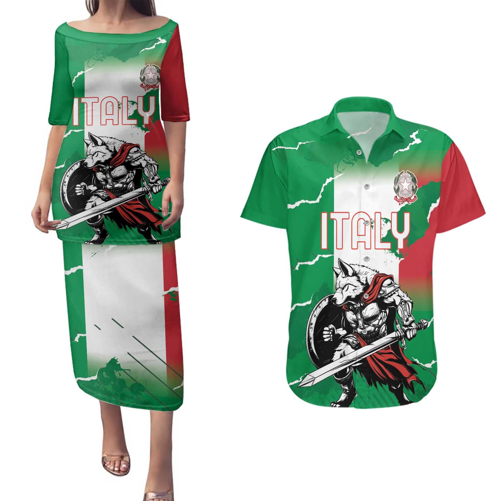 Personalized Italy Couples Matching Puletasi and Hawaiian Shirt Wolf Warrior Grunge Style