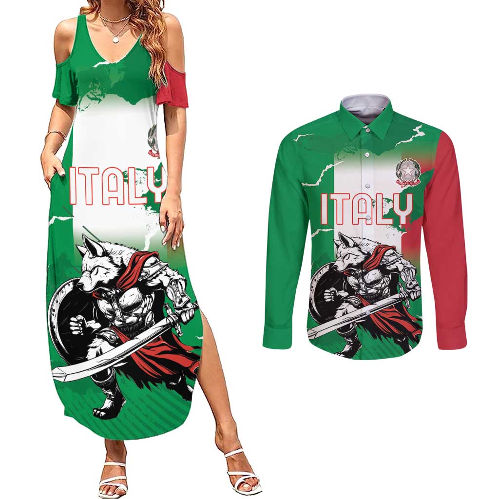 Personalized Italy Couples Matching Summer Maxi Dress and Long Sleeve Button Shirt Wolf Warrior Grunge Style