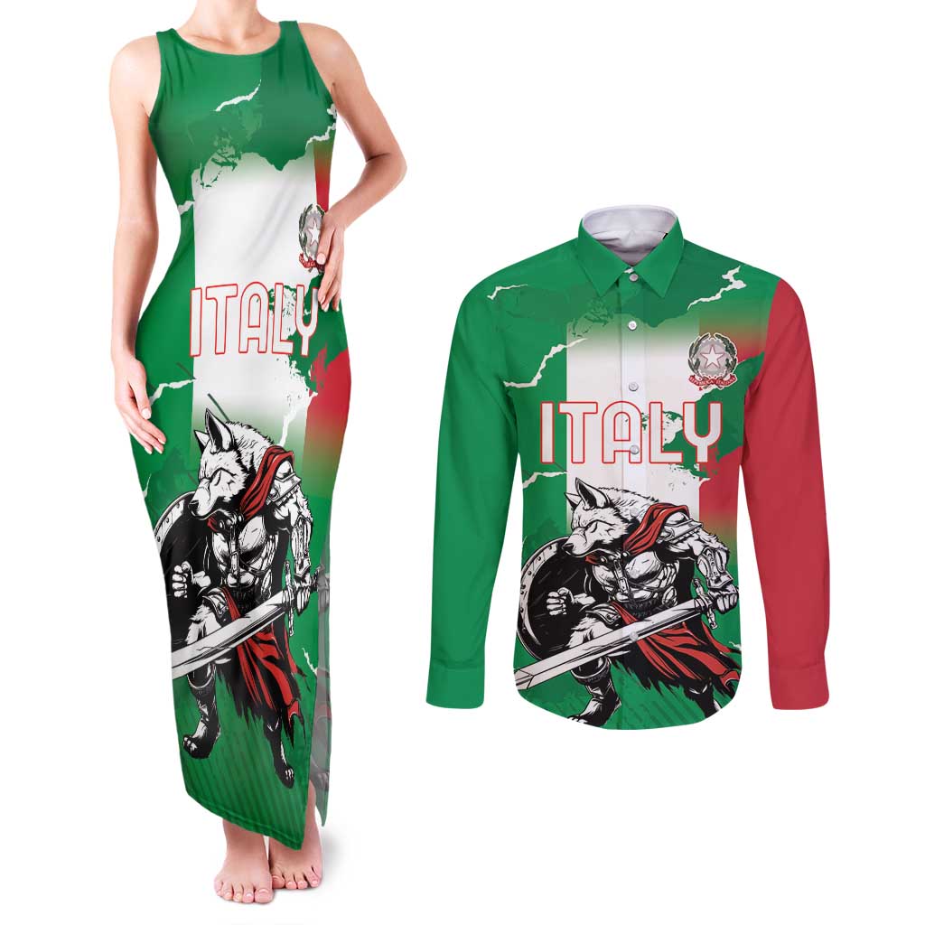 Personalized Italy Couples Matching Tank Maxi Dress and Long Sleeve Button Shirt Wolf Warrior Grunge Style