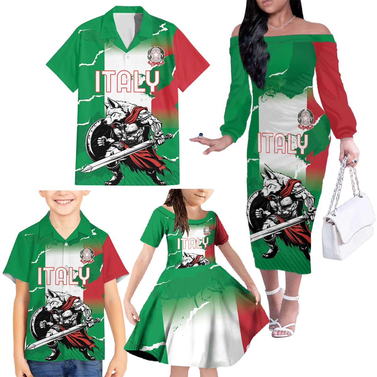 Personalized Italy Family Matching Off The Shoulder Long Sleeve Dress and Hawaiian Shirt Wolf Warrior Grunge Style