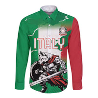 Unisex long-sleeve button shirt in green with red sleeves; Italy wolf warrior graphic
