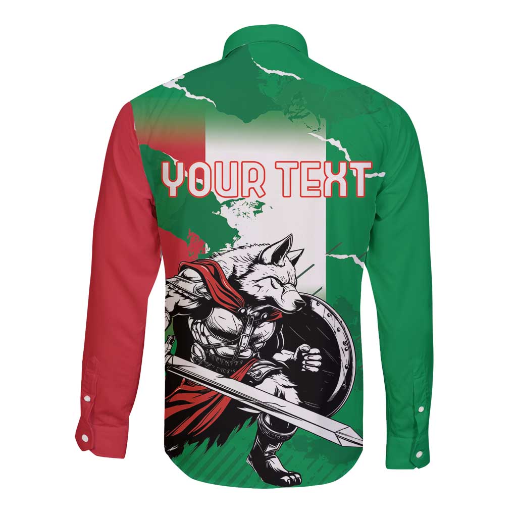 Unisex long-sleeve button shirt back in green with red sleeves; wolf graphic and 'YOUR TEXT'