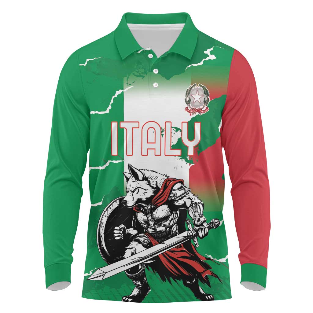 Personalized Italy Long Sleeve Polo Shirt Wolf Warrior Grunge Style - Wonder Print Shop