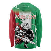 Unisex long-sleeve shirt, green/red back with YOUR TEXT and wolf warrior artwork