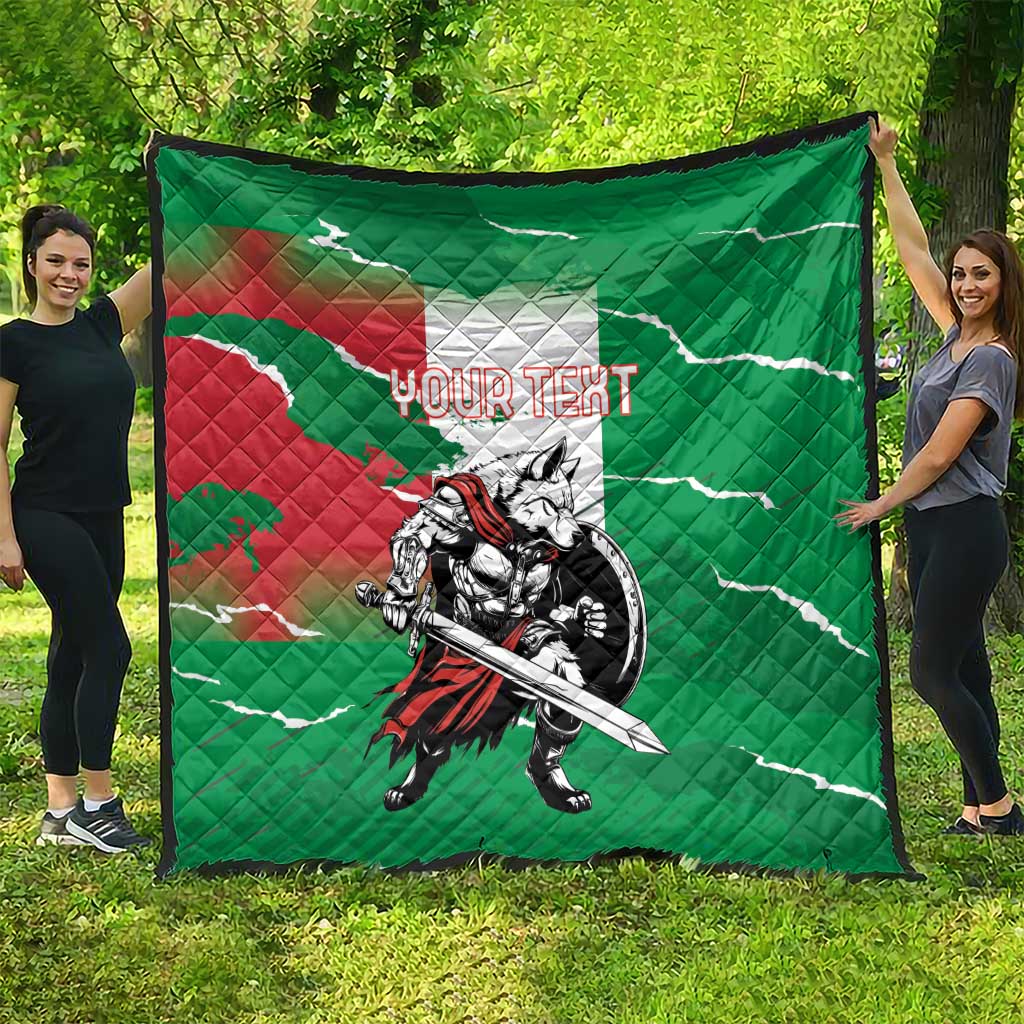 Green quilt shown outdoors, quilted design with Italy map, wolf warrior, “YOUR TEXT”