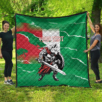 Green quilt shown outdoors, quilted design with Italy map, wolf warrior, “YOUR TEXT”