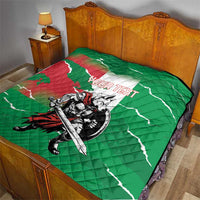 Green quilt on a bed, quilted pattern with Italy map, wolf warrior and “YOUR TEXT”