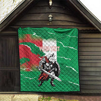 Green quilt hanging on wooden wall, quilted design with Italy map, wolf warrior