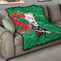 Green quilt draped over sofa, quilted design with Italy map, wolf warrior graphic