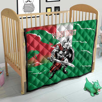 Green quilt on a baby crib, quilted pattern with Italy map, wolf warrior and “YOUR TEXT”