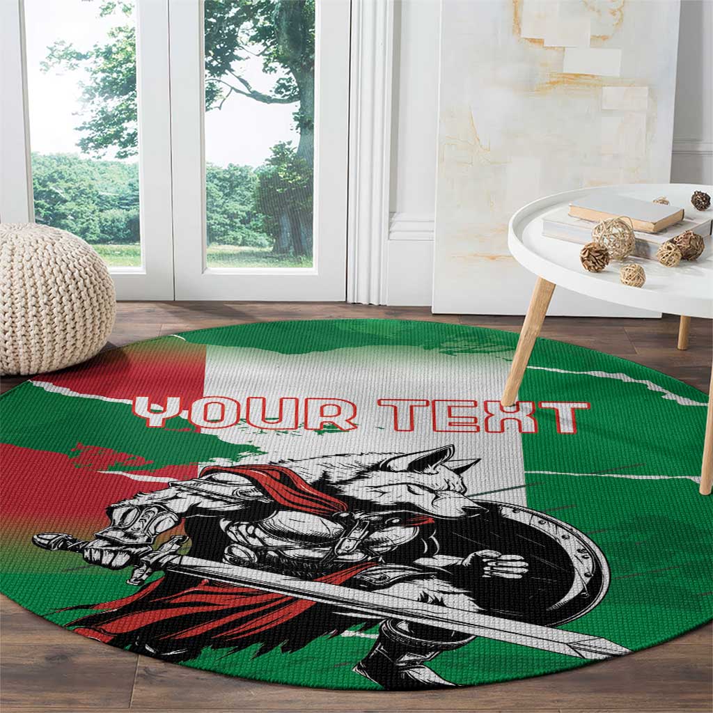 Green round rug with wolf warrior grunge design and 'YOUR TEXT' text across center.