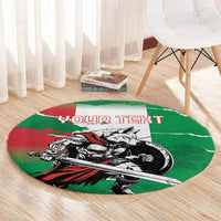 Green round rug with wolf warrior grunge artwork and 'YOUR TEXT' lettering, circular.