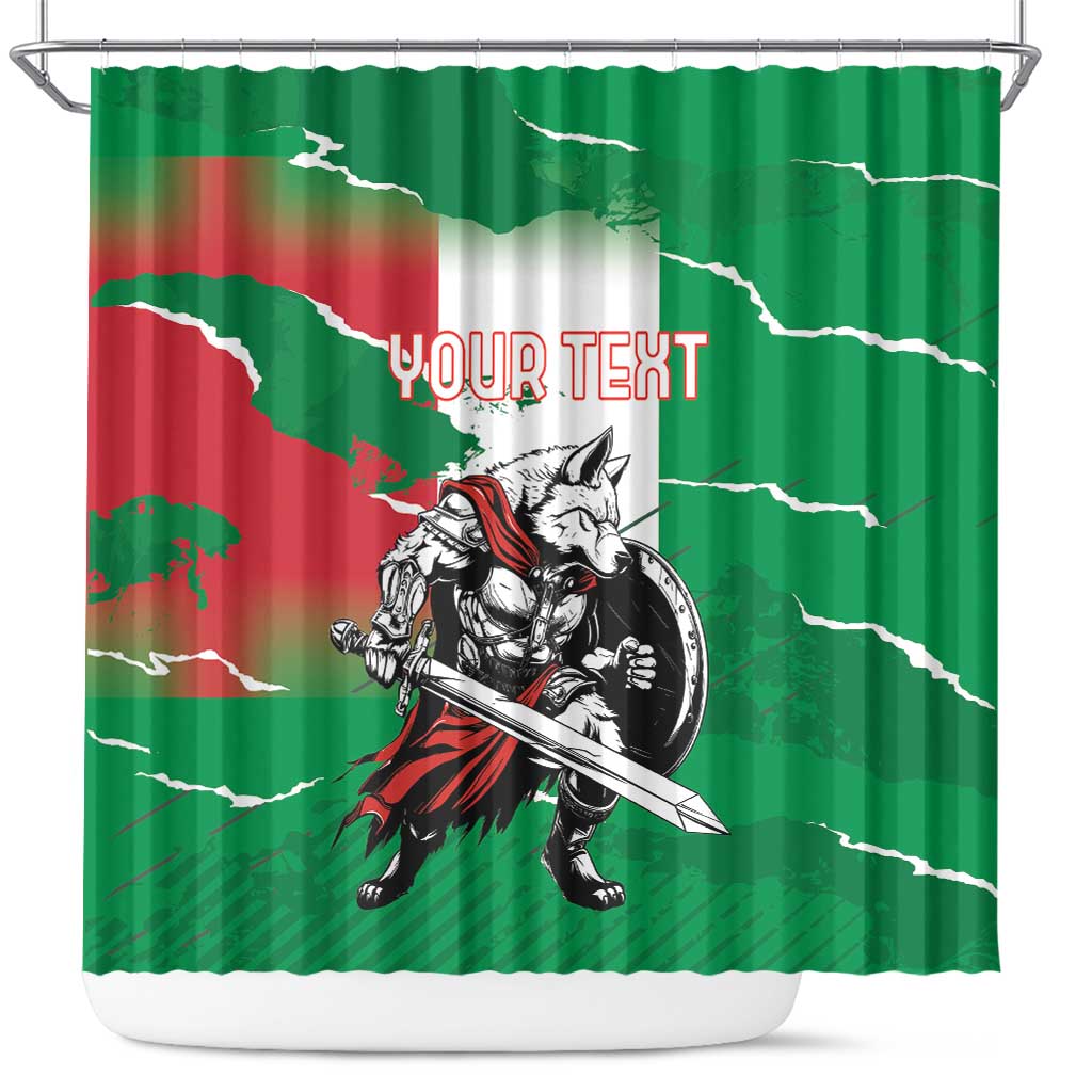 Green shower curtain on metal rod with red band, lightning lines, and wolf warrior sword art.