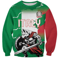 Green crewneck sweatshirt with wolf warrior graphic and 'ITALY' map print