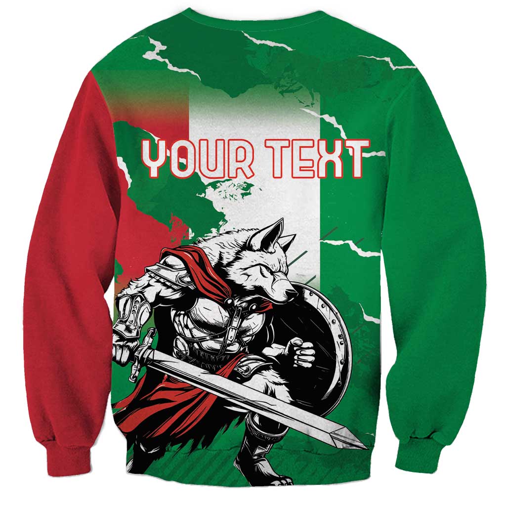 Green crewneck sweatshirt with wolf warrior graphic and 'YOUR TEXT' map print