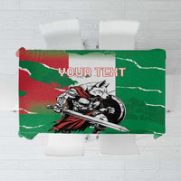 Green tablecloth with bold wolf warrior grunge graphic and red/white accents.