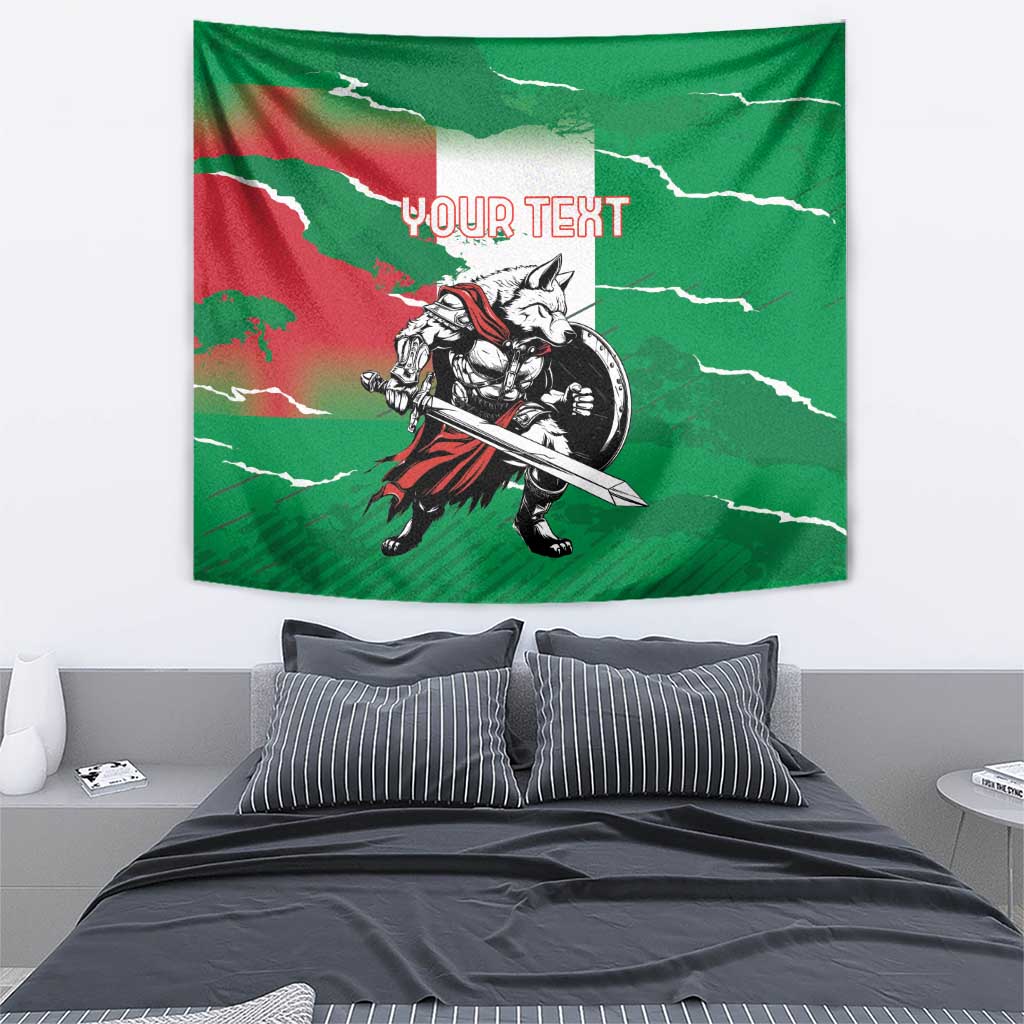 Green wolf warrior tapestry with sword illustration and "YOUR TEXT" text across top