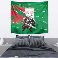 Green wolf warrior tapestry with sword illustration and "YOUR TEXT" text across top