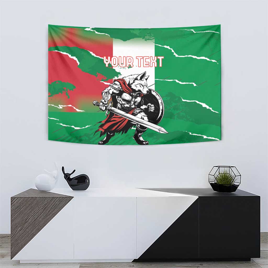 Green warrior wolf tapestry featuring sword graphic and "YOUR TEXT" near the top