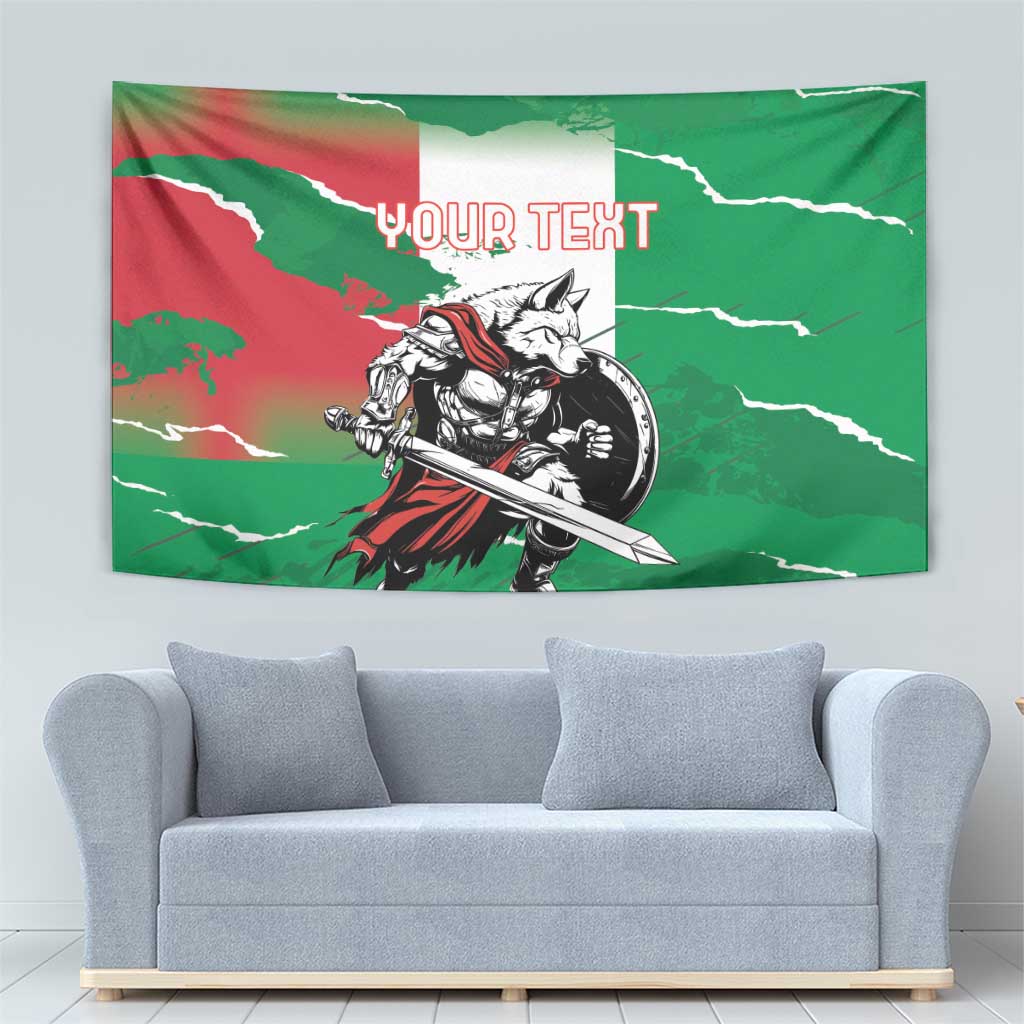 Green wolf warrior wall tapestry with sword artwork and "YOUR TEXT" printed at top
