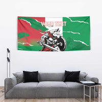 Green grunge wolf warrior tapestry with sword graphic and "YOUR TEXT" lettering