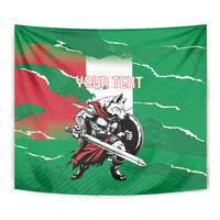 Green wolf warrior tapestry close-up view with sword graphic and "YOUR TEXT" text