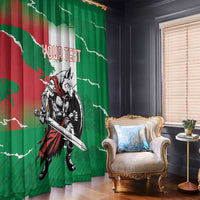 Green window curtain panel with wolf warrior graphic, red map sections, and “YOUR TEXT”