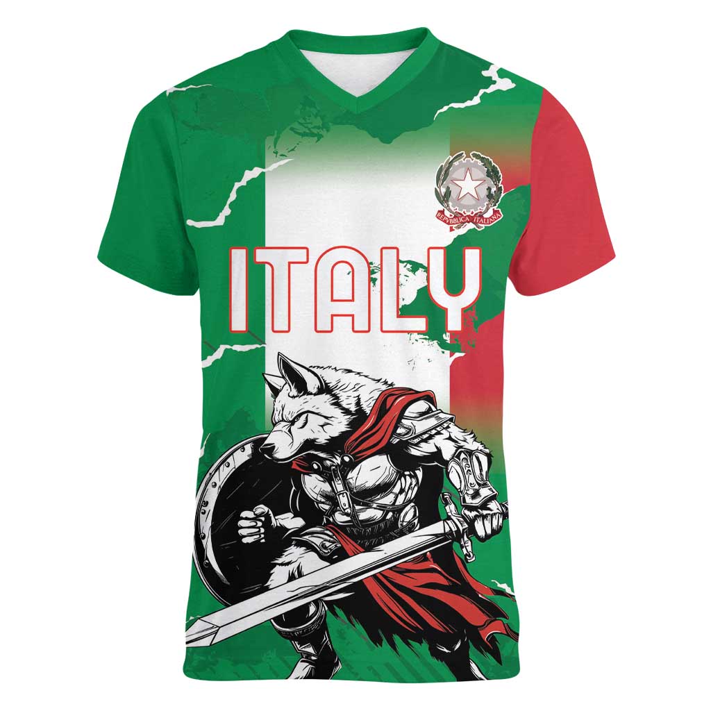 Personalized Italy Women V-Neck T-Shirt Wolf Warrior Grunge Style