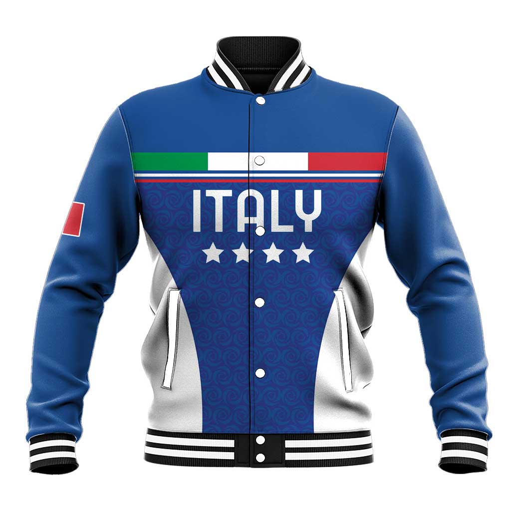 Blue varsity baseball jacket with Italy flag graphic, button front and ribbed cuffs