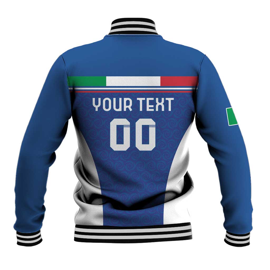 Blue baseball jacket back with YOUR TEXT and 00, ribbed collar and striped hem