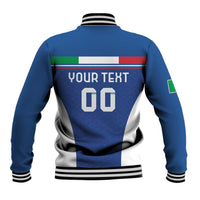 Blue baseball jacket back with YOUR TEXT and 00, ribbed collar and striped hem