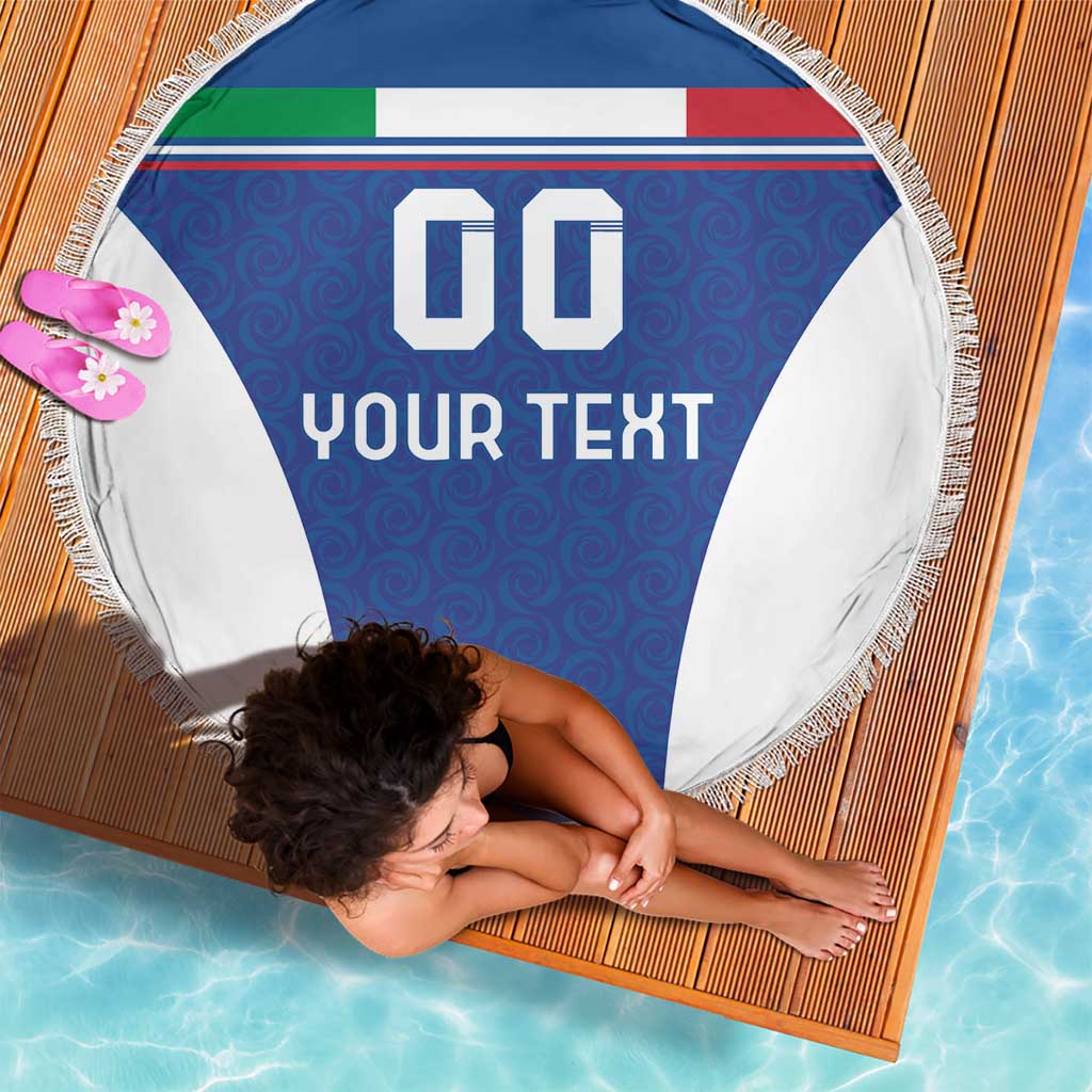 Round beach blanket with blue flag center, 00 and YOUR TEXT, white side panels, fringe