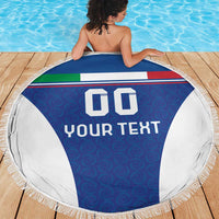 Round beach blanket featuring blue flag center with 00 and YOUR TEXT, white borders, fringe