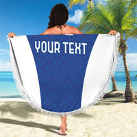 Round beach blanket with blue flag design, large YOUR TEXT, white sides, tassel fringe