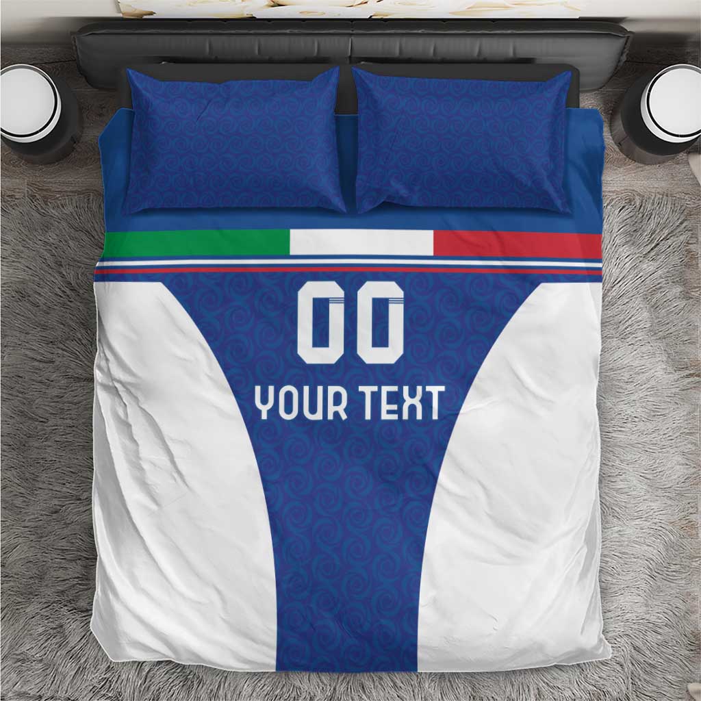 Blue football bedding set with white pillowcases and “GO YOUR TEXT” graphic, striped band.