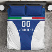 Blue football bedding set with white pillowcases and “GO YOUR TEXT” graphic, striped band.