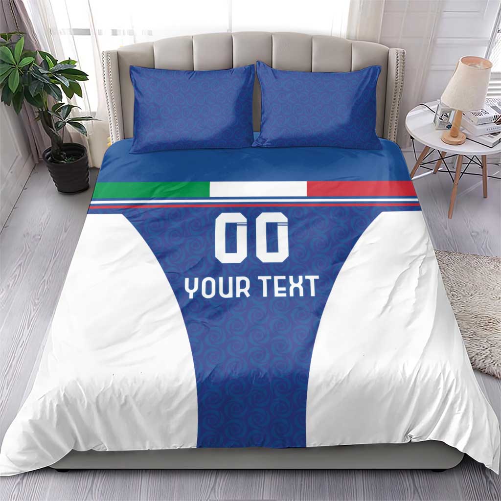 Blue football bedding set on bed: “GO YOUR TEXT” central graphic with white side panels.