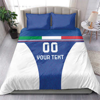 Blue football bedding set on bed: “GO YOUR TEXT” central graphic with white side panels.