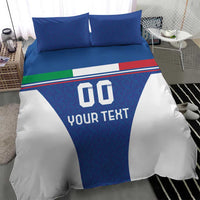 Blue football bedding set with “GO YOUR TEXT” on blue center panel and white outer sections.