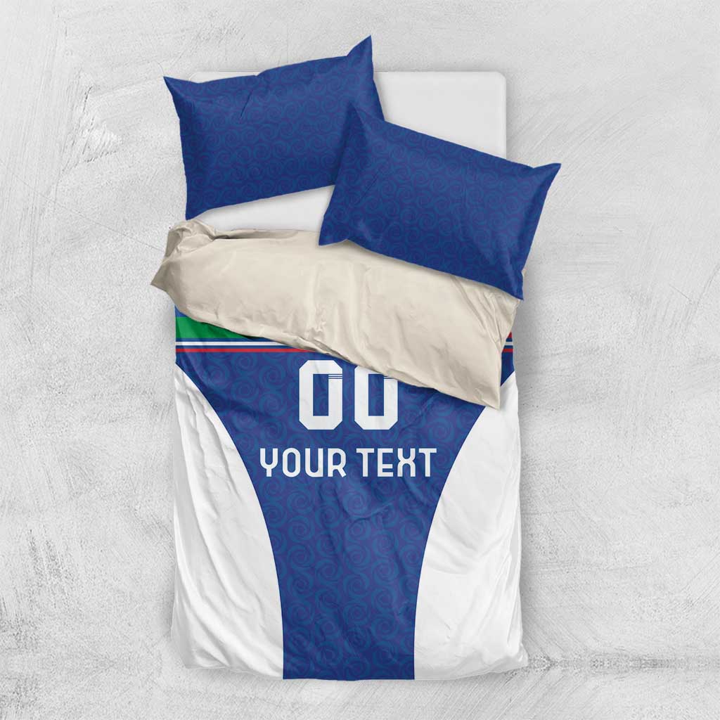 Blue football bedding set, top view: two blue pillowcases over white duvet with “GO YOUR TEXT”.