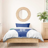 Blue football bedding set with “GO YOUR TEXT” and white side panels, one blue pillowcase visible.