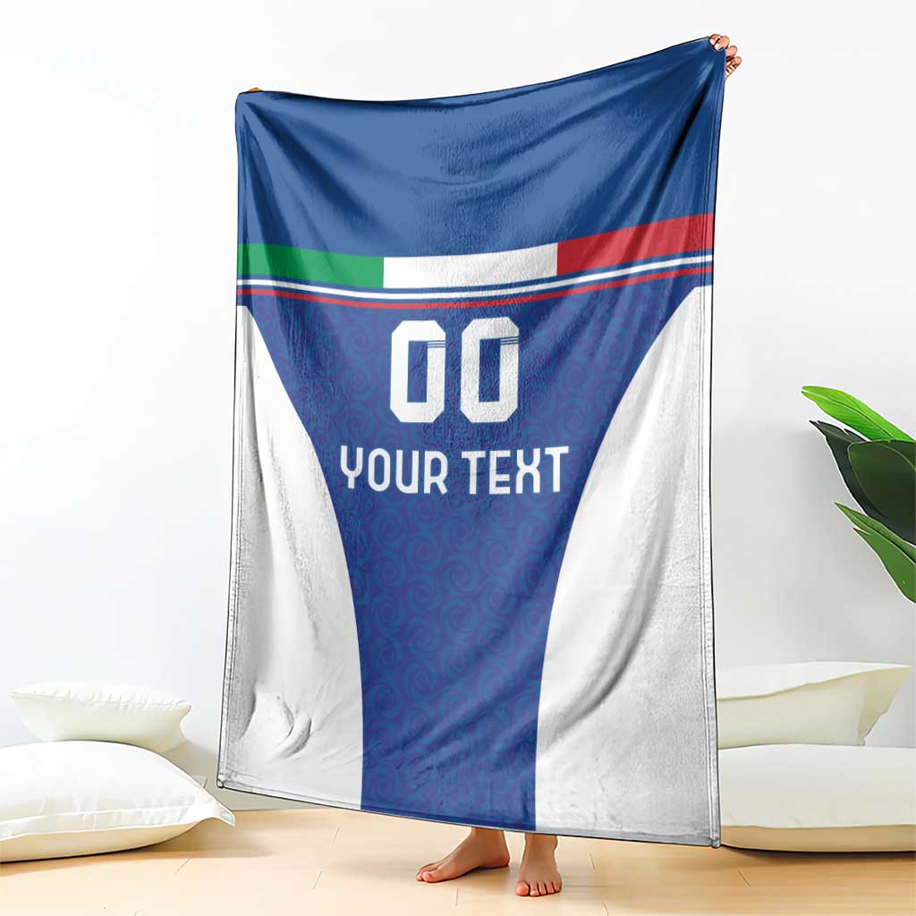 Blue and white football blanket draped with Italy flag stripes and 'YOUR TEXT'