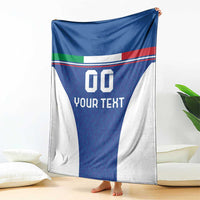 Blue and white football blanket draped with Italy flag stripes and 'YOUR TEXT'
