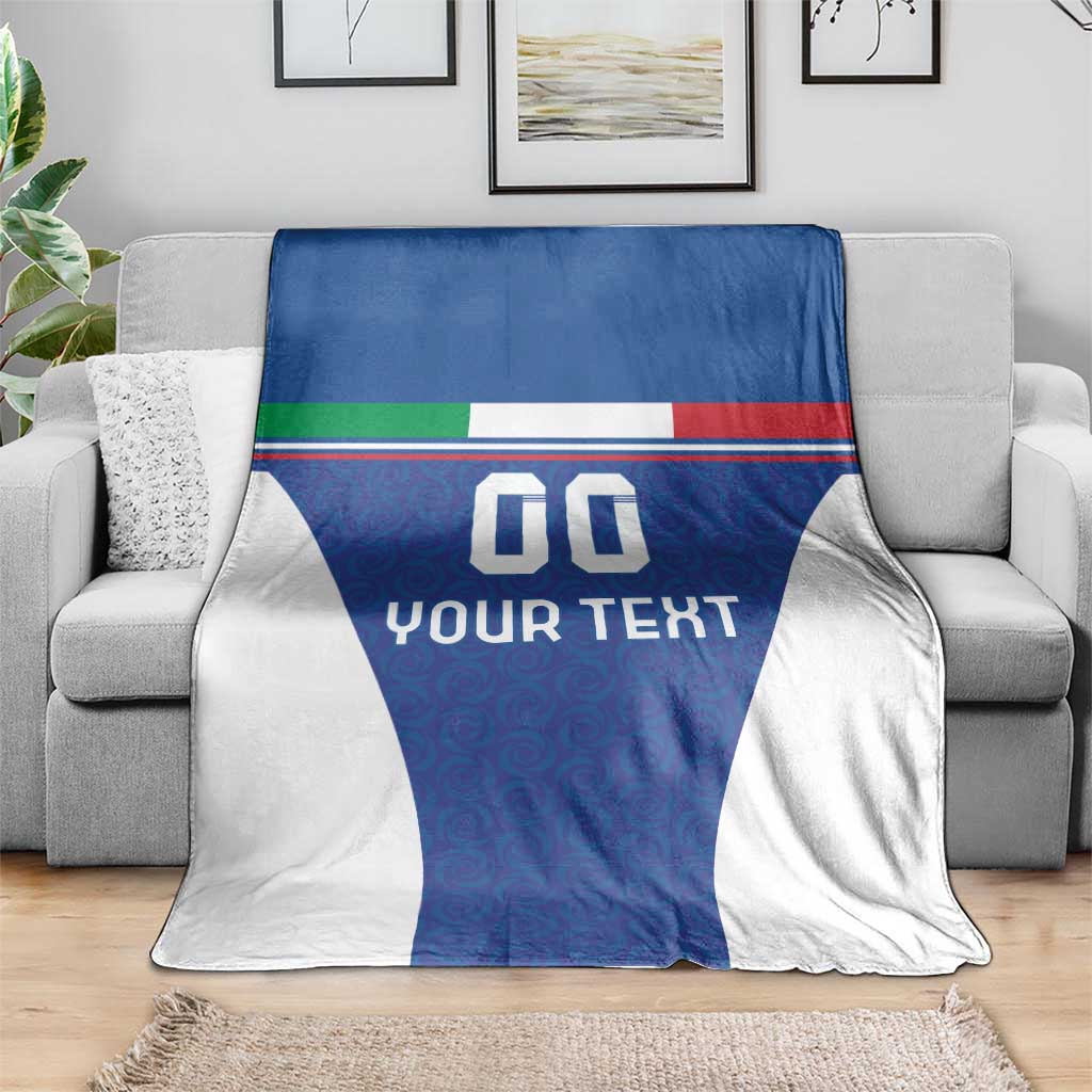 Blue and white football blanket on couch with Italy flag stripes and '00' 'YOUR TEXT'