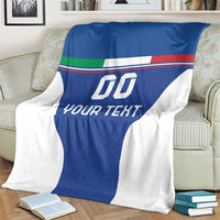 Blue and white football blanket on armchair with Italy flag stripes and 'YOUR TEXT'