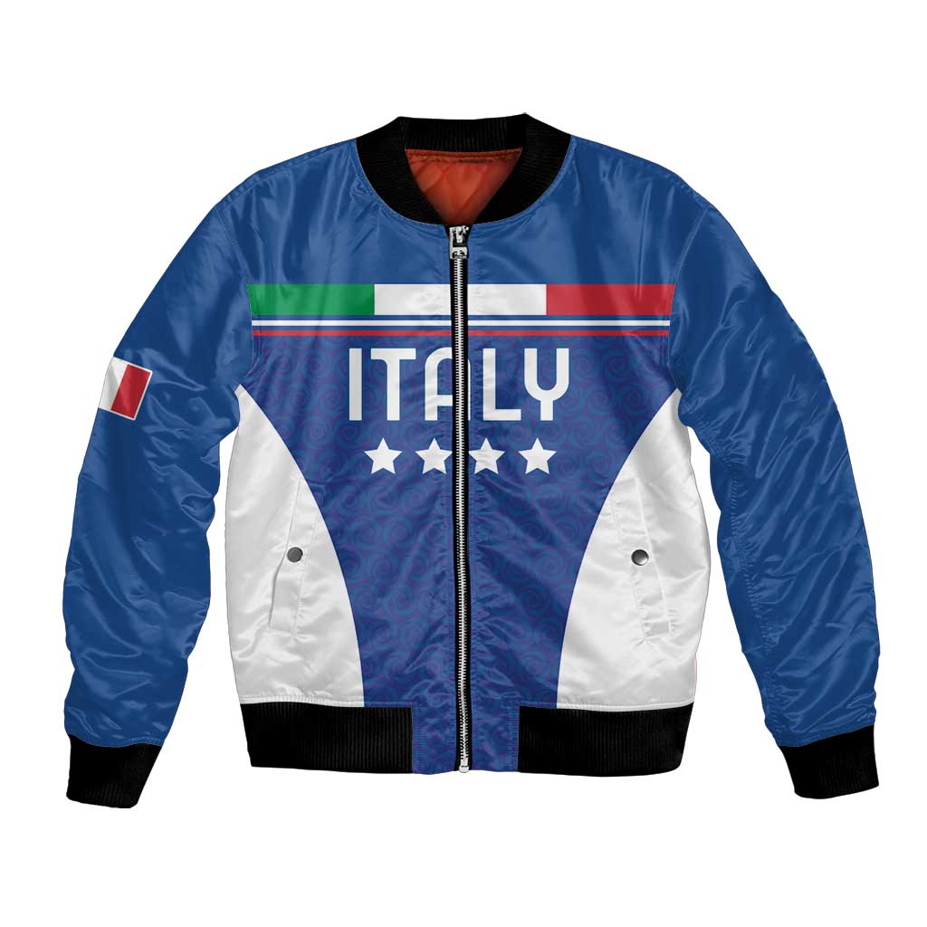 Blue bomber jacket with Italian flag front panel, full-zip, ribbed collar and cuffs