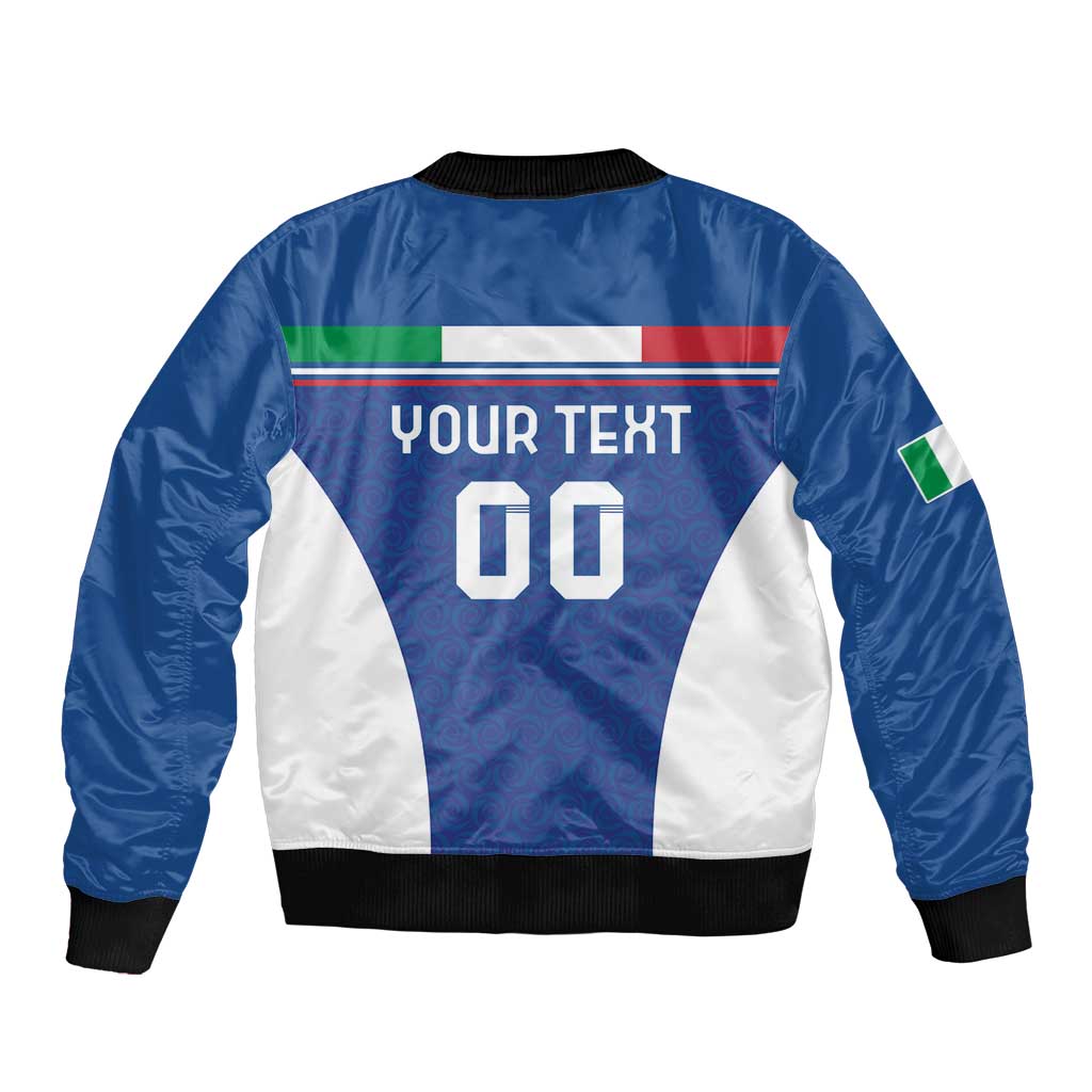 Blue bomber jacket back with Italian flag stripes, YOUR TEXT and 00, ribbed hem