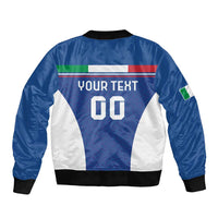 Blue bomber jacket back with Italian flag stripes, YOUR TEXT and 00, ribbed hem